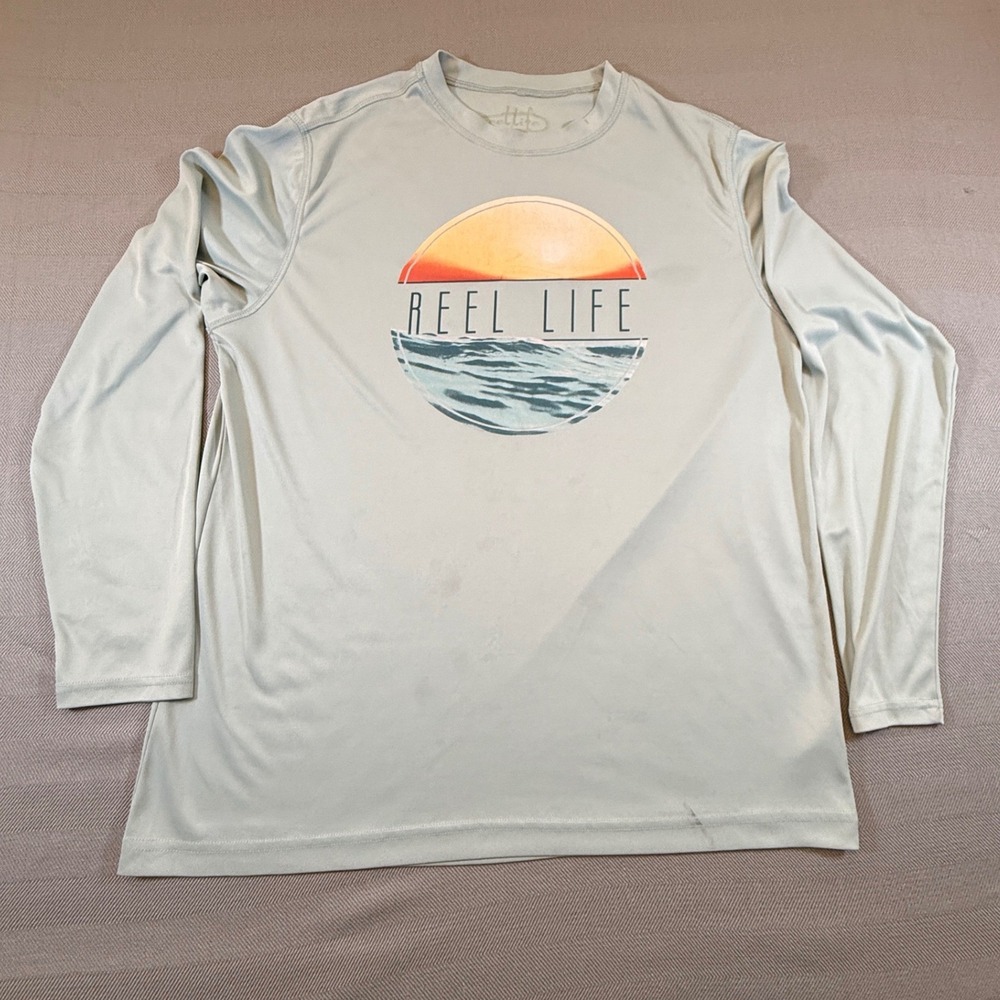Reel Life Men Long Sleeve Fishing Shirt Sage Green Graphic Sun Waves Size L 2429